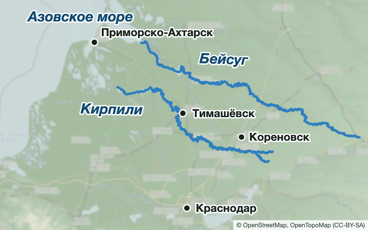 Схема: Рыбалка в Приморско-Ахтарске: лиманы и степные реки — водоёмы и населённые пункты