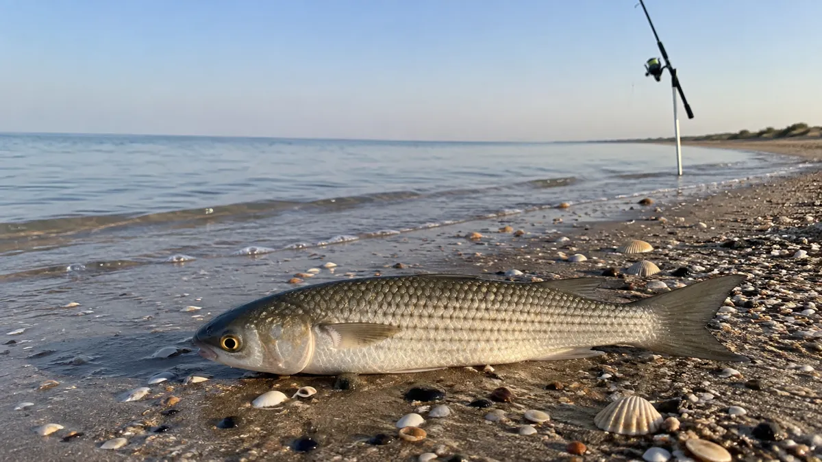 Пиленгас на мокром ракушечном песке у кромки спокойного Азовского моря, рядом донная удочка на подставке