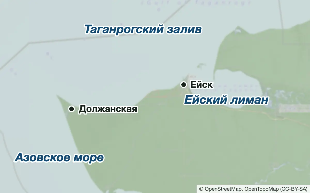 Схема: Рыбалка в Ейске и Должанской: лиман и берег моря — водоёмы и населённые пункты