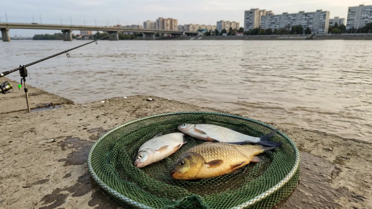 Подлещики и карась в подсаке на берегу широкой реки, вдали мост и городские дома