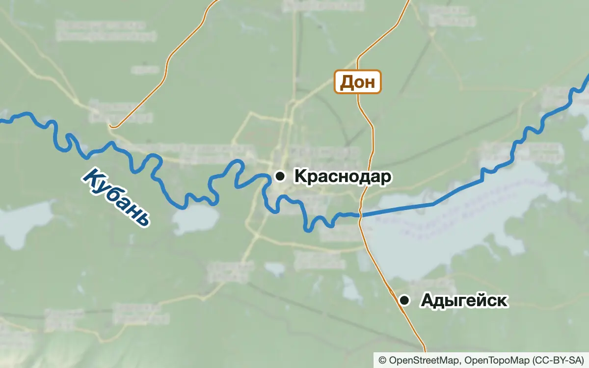 Схема: Рыбалка в Краснодаре и окрестностях — водоёмы и населённые пункты
