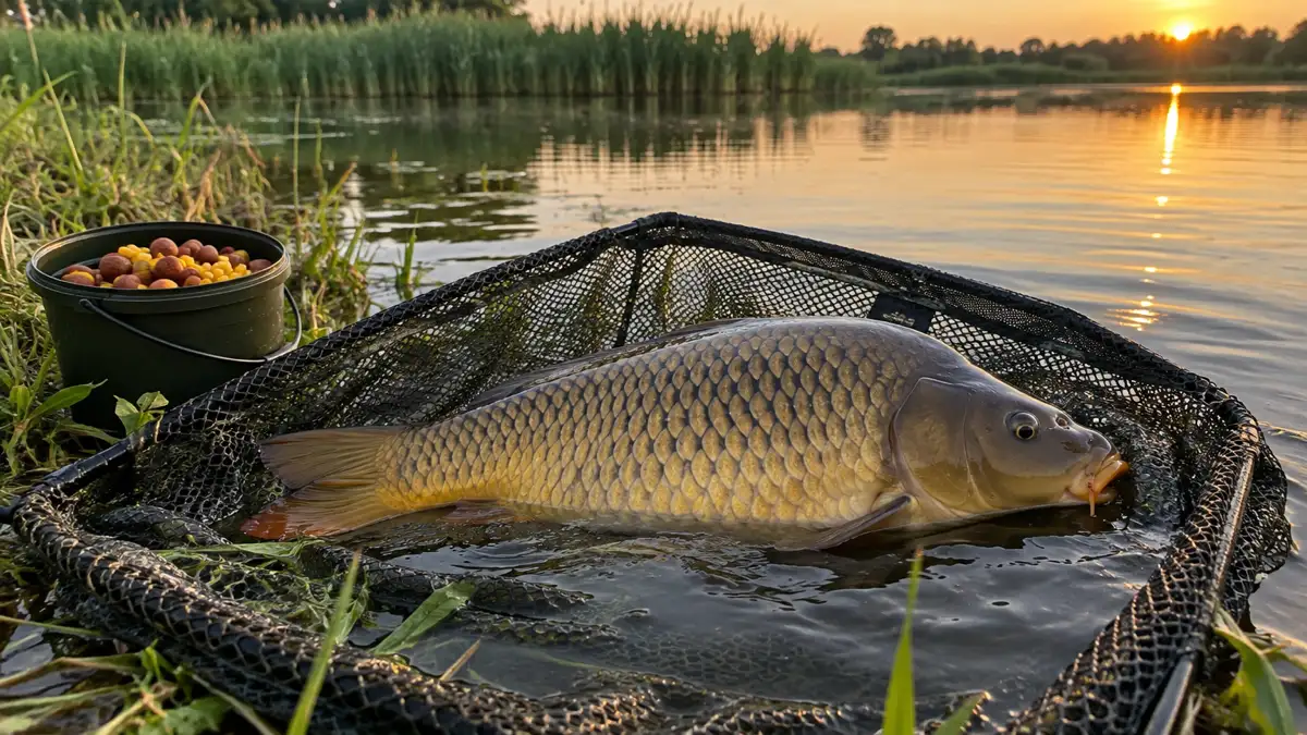Чешуйчатый карп в широком карповом подсаке у кромки воды, рядом ведёрко с бойлами и кукурузой, пруд на закате