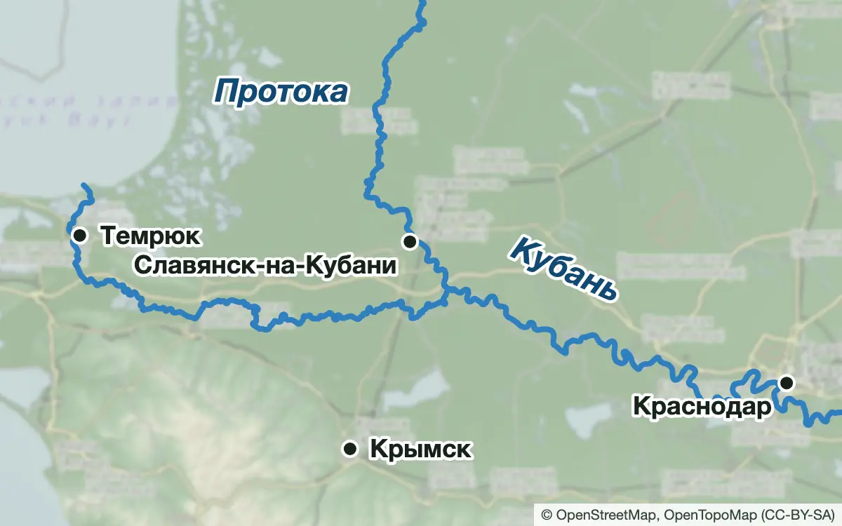 Схема: Рыбалка на Кубани и Протоке: от Краснодара до Темрюка — водоёмы и населённые пункты