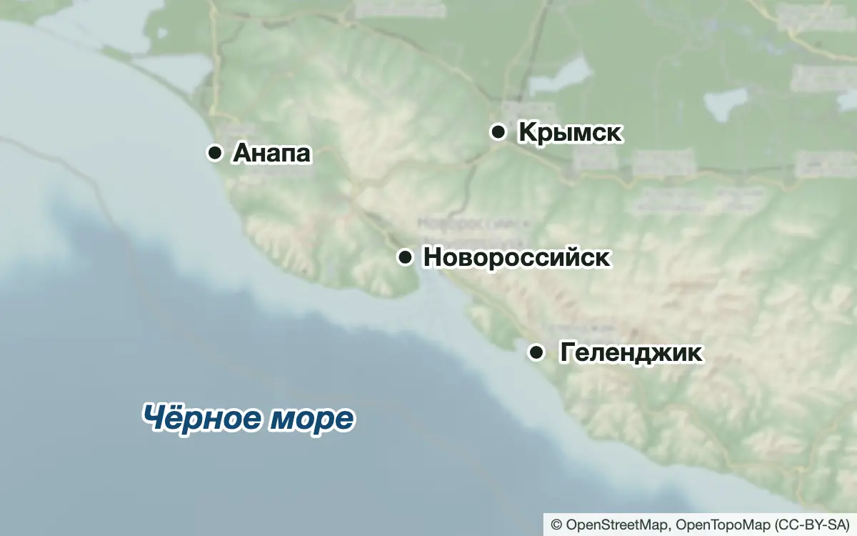 Схема: Рыбалка в Анапе, Новороссийске и Геленджике — водоёмы и населённые пункты