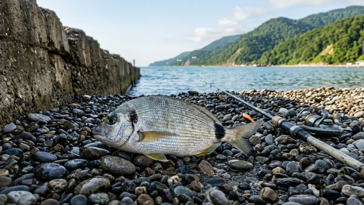 Морской карась на мокрой гальке у бетонной буны, рядом спиннинг, за морем зелёные горы