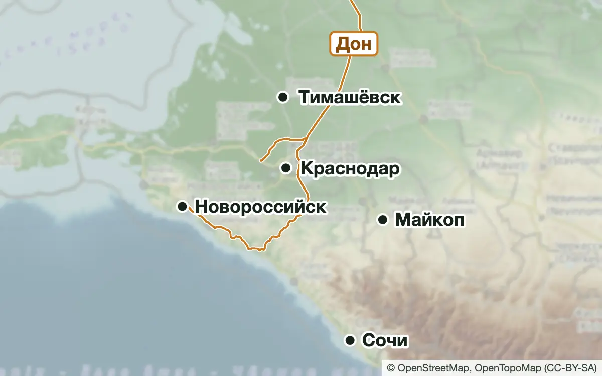 Схема: Платная рыбалка в Краснодарском крае и Адыгее — водоёмы и населённые пункты