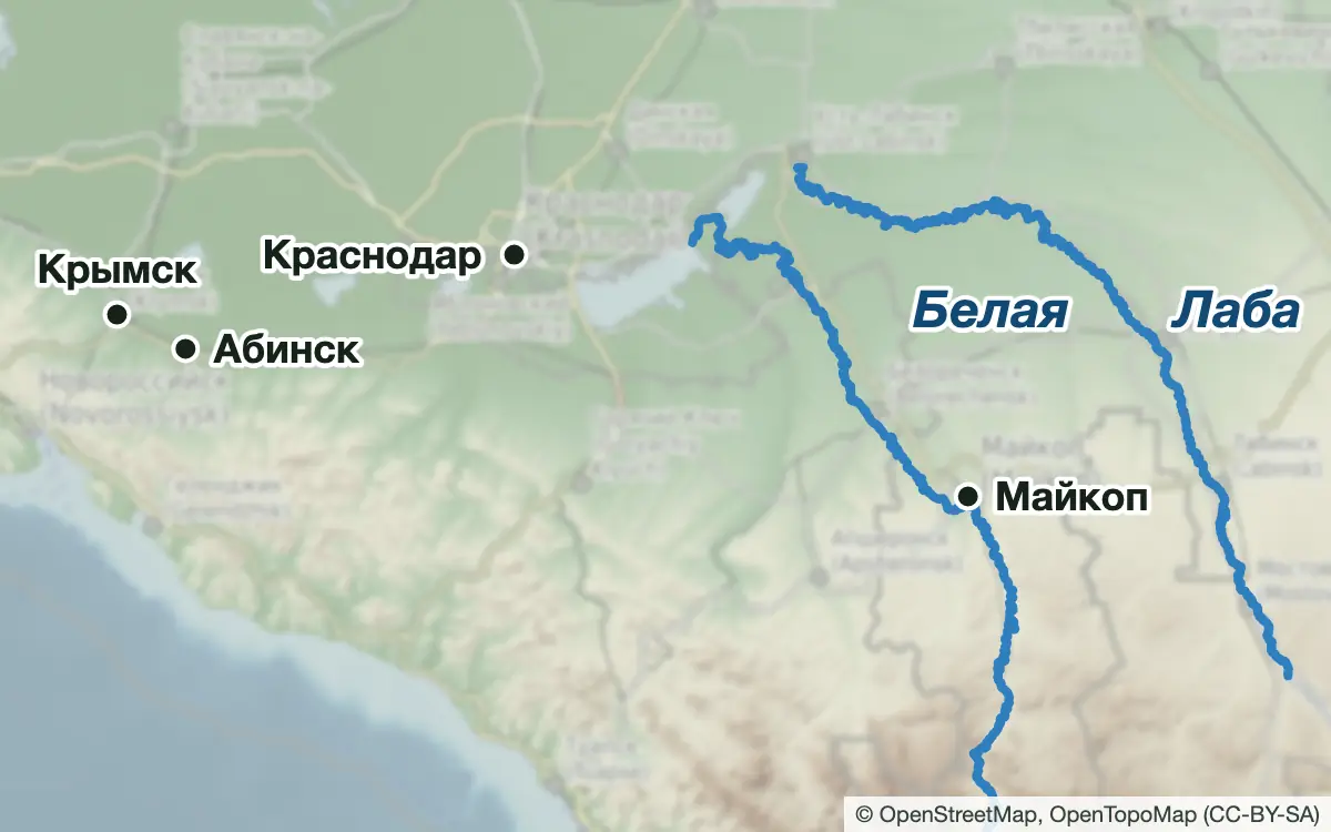 Схема: Рыбалка в предгорьях и Адыгее: Белая, Лаба, Афипс — водоёмы и населённые пункты