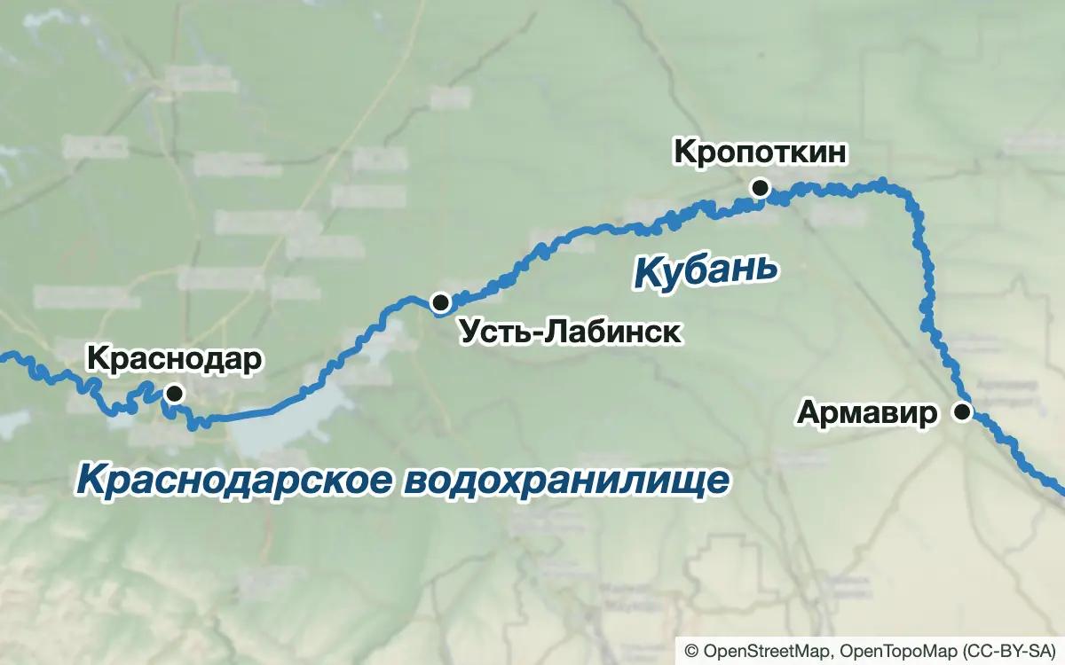 Схема: Рыбалка на Краснодарском водохранилище и верхней Кубани — водоёмы и населённые пункты