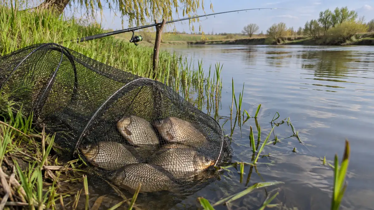 Караси в садке у берега степной реки, над водой молодой зелёный камыш и цветущая ива