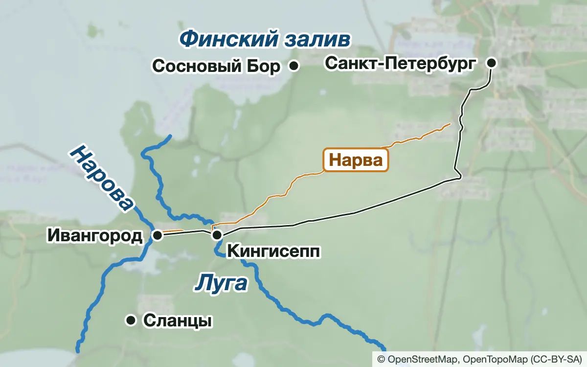Схема: Рыбалка на южном берегу Финского залива и Нарове — водоёмы и населённые пункты