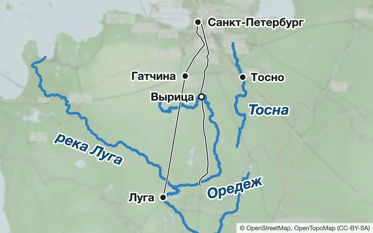 Схема: Рыбалка на Луге, Оредеже и Тосне — водоёмы и населённые пункты