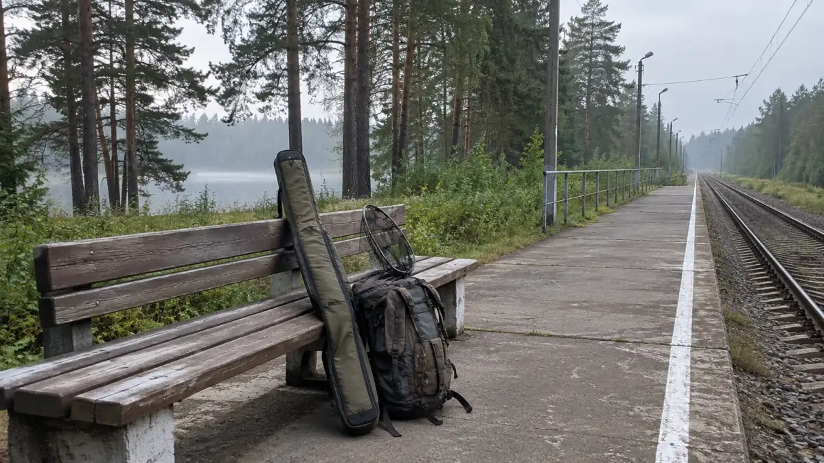 Чехол с удочками и рюкзак на скамейке лесной платформы электрички
