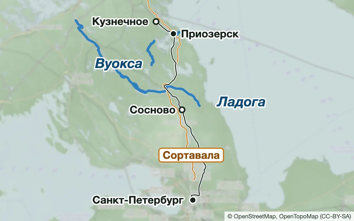 Схема: Рыбалка на Вуоксе и озёрах Карельского перешейка — водоёмы и населённые пункты