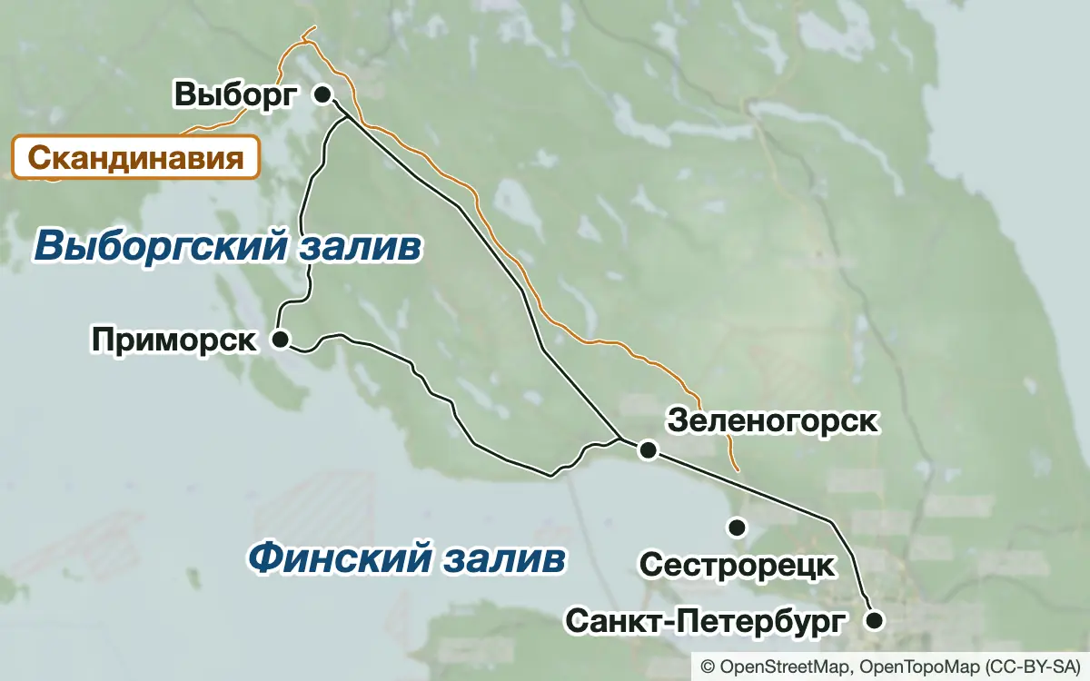 Схема: Рыбалка в Выборгском заливе и на севере Финского залива — водоёмы и населённые пункты