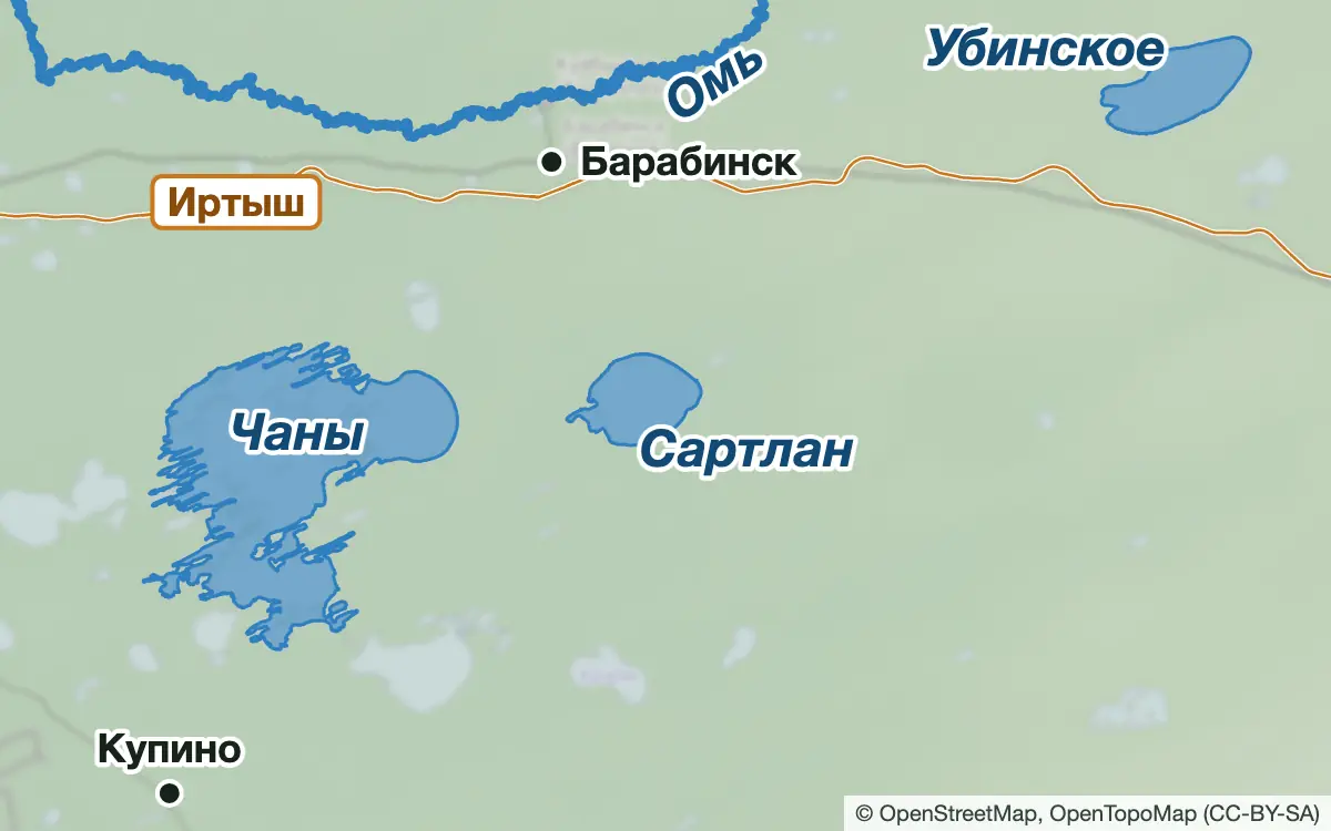 Схема: Рыбалка на Барабинских озёрах: Чаны, Сартлан, Убинское — водоёмы и населённые пункты