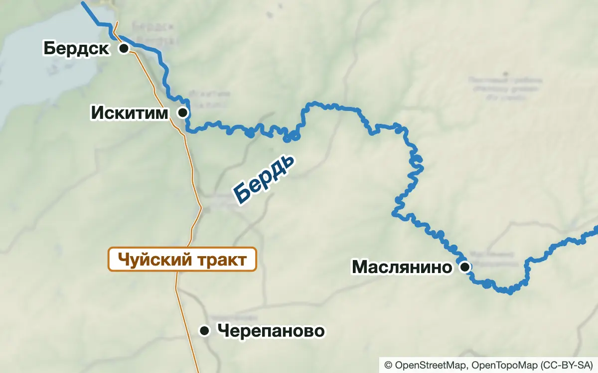 Схема: Рыбалка на Берди и прудах Искитима, Маслянино и Черепаново — водоёмы и населённые пункты