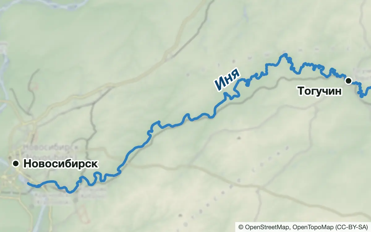 Схема: Рыбалка на реке Иня и прудах Тогучинского района — водоёмы и населённые пункты