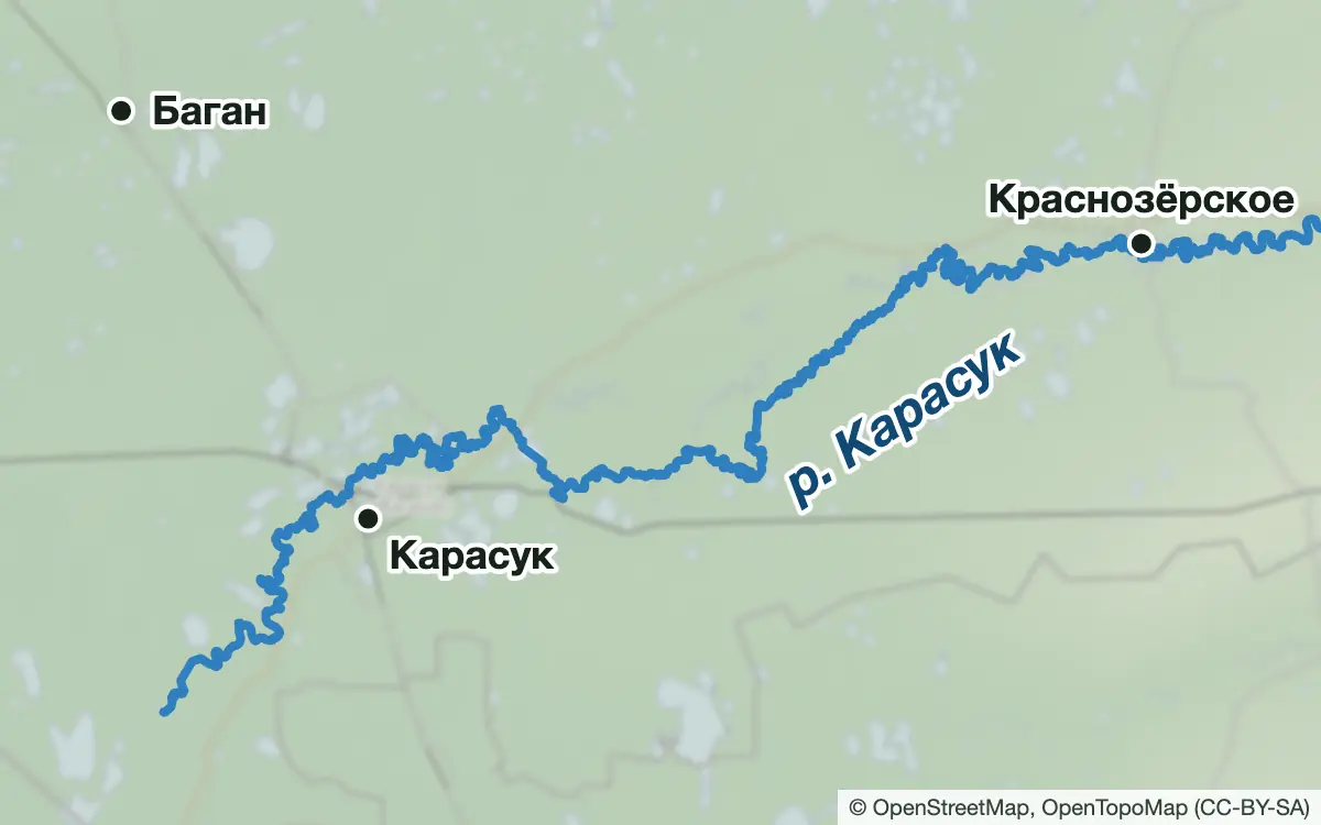 Схема: Рыбалка на юге области: Карасук, Баган, Краснозёрское — водоёмы и населённые пункты
