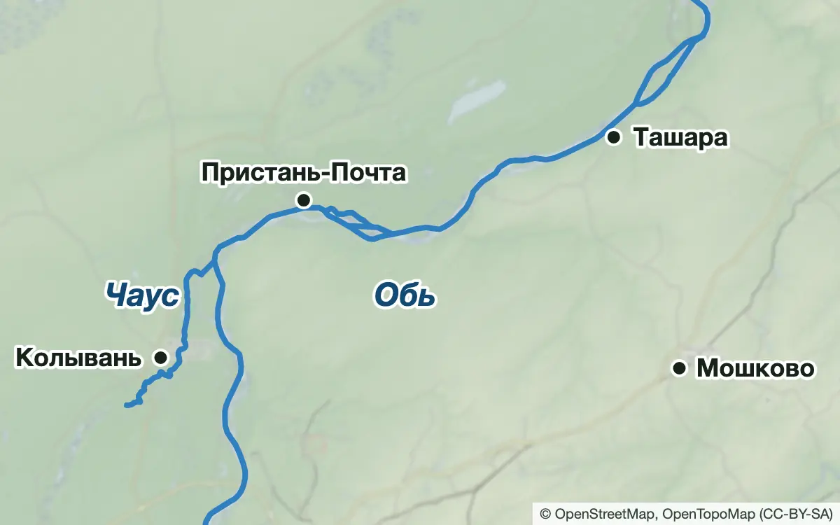 Схема: Рыбалка на Оби ниже Новосибирска: Колывань и Мошково — водоёмы и населённые пункты