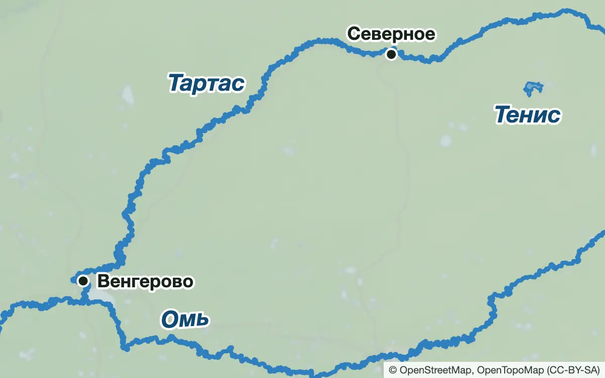 Схема: Рыбалка на севере и западе области: Тенис, Омь, Тартас — водоёмы и населённые пункты