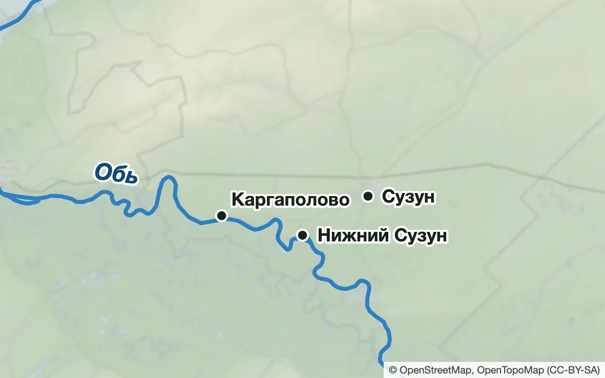 Схема: Рыбалка в Сузунском районе: Обь и протоки — водоёмы и населённые пункты