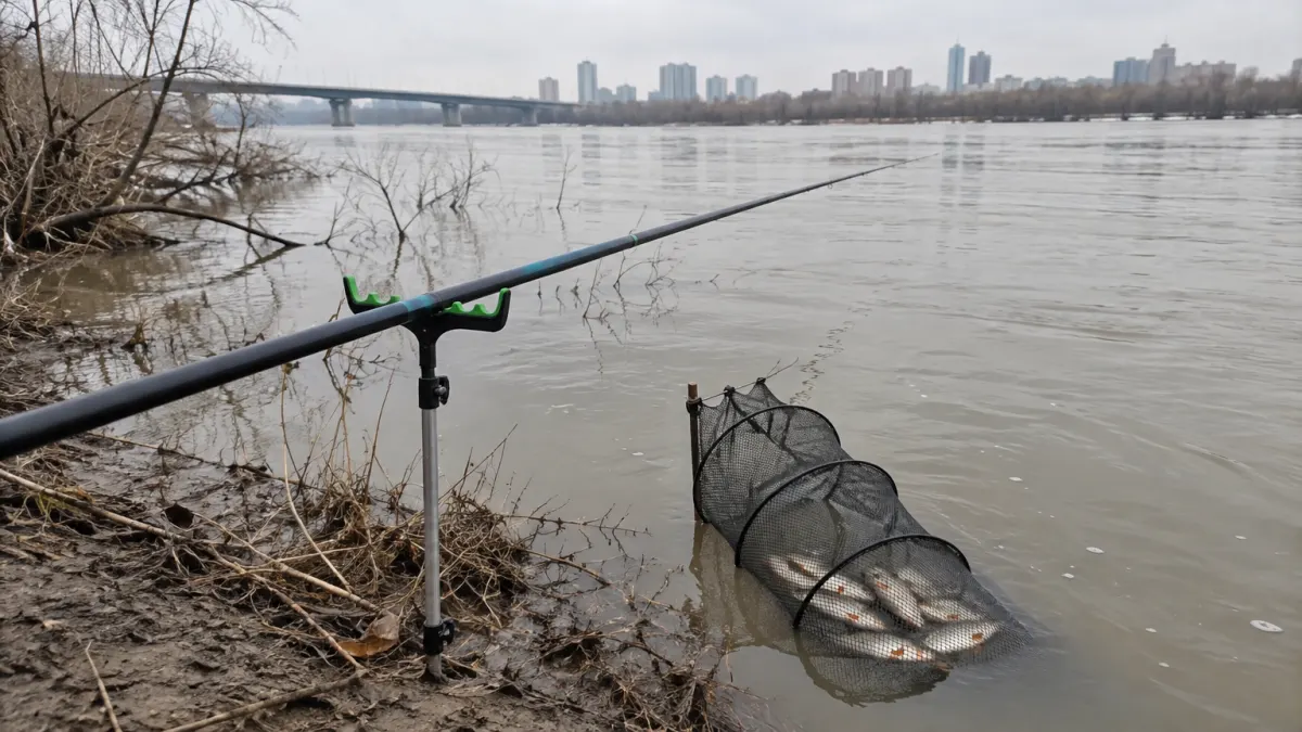 Маховая удочка на подставке у берега широкой реки ранней весной, в воде садок с плотвой, вода высокая и мутная, деревья без листвы, вдали мост и городские дома