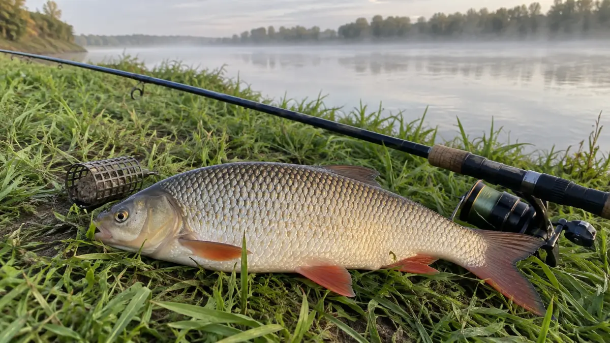 Крупный язь с красноватыми плавниками на траве у кромки воды, рядом фидерное удилище и кормушка, позади широкая река в утреннем тумане