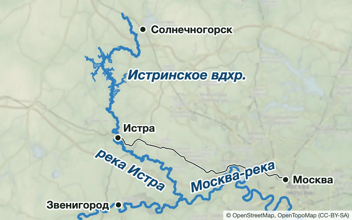 Схема: Рыбалка на Истринском водохранилище и реке Истре — водоёмы и населённые пункты