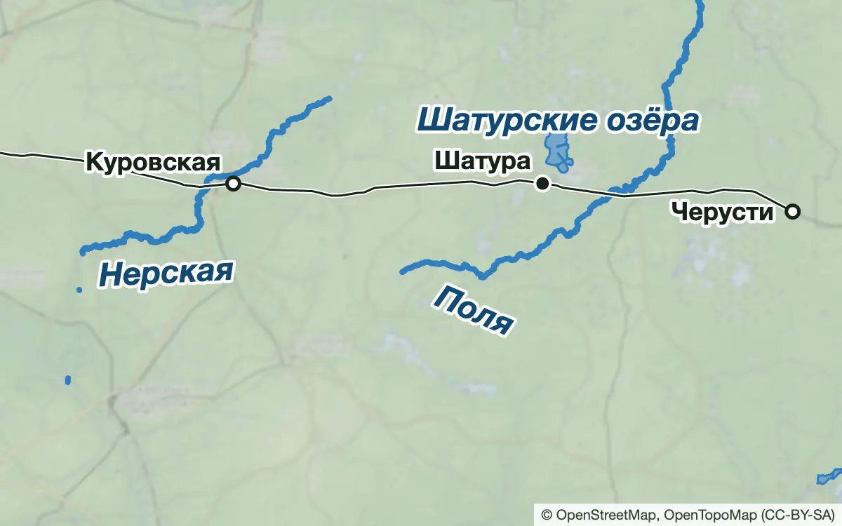 Схема: Рыбалка в Шатуре и на Мещерских озёрах — водоёмы и населённые пункты