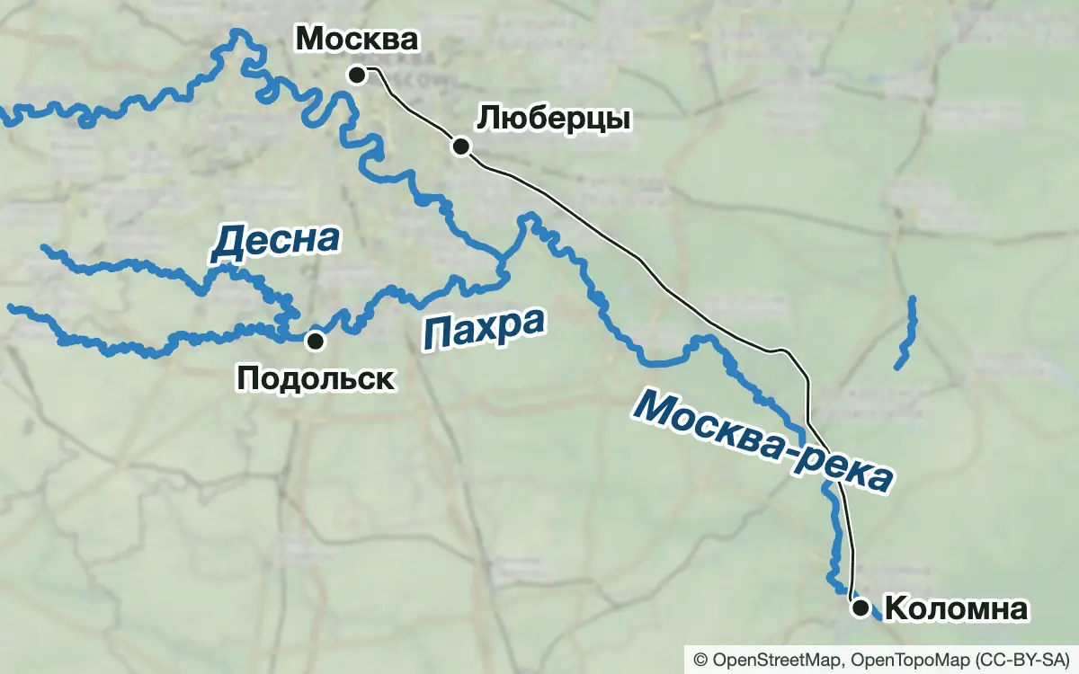 Схема: Рыбалка на Москве-реке ниже Москвы, Пахре и Десне — водоёмы и населённые пункты