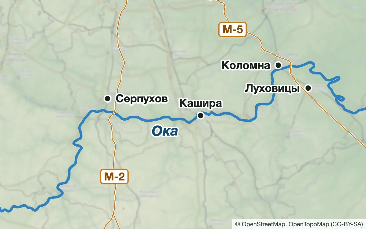 Схема: Рыбалка на Оке в Подмосковье — водоёмы и населённые пункты
