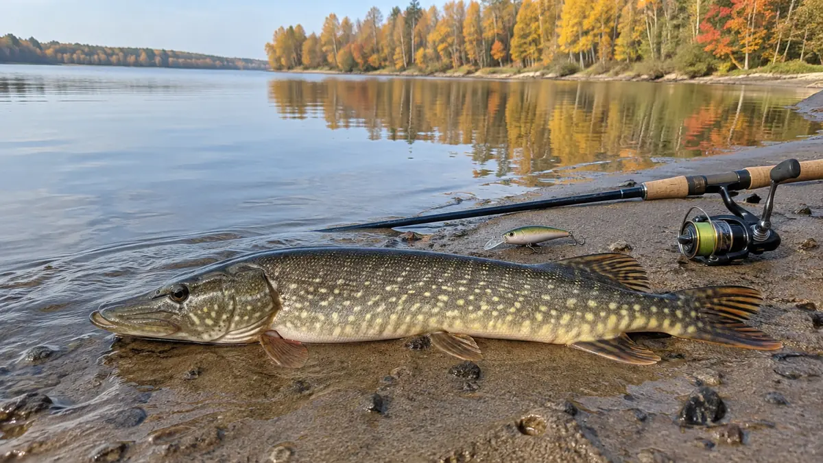 Щука на мокром песке у водохранилища осенью, рядом спиннинг