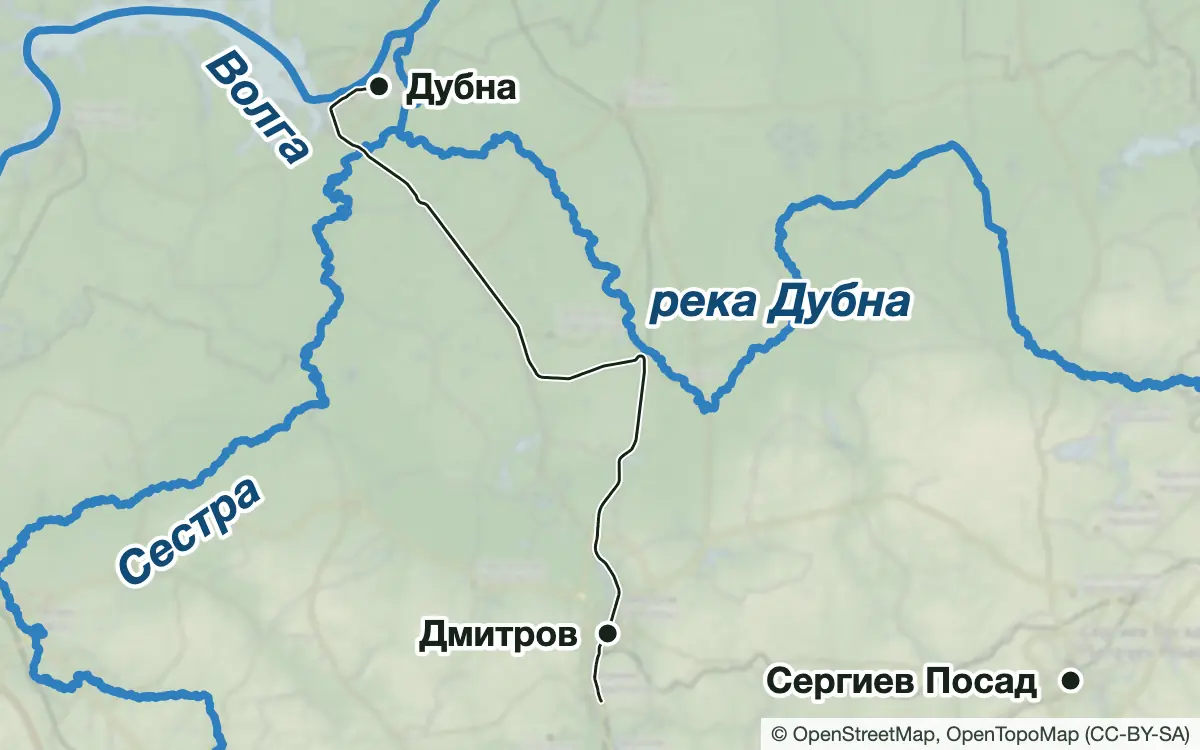 Схема: Рыбалка в Дубне: Волга, реки Дубна и Сестра — водоёмы и населённые пункты