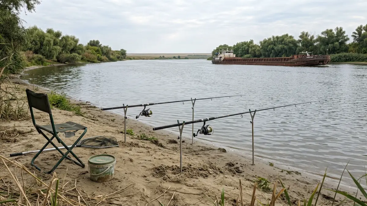 Две донки на стойках и складное кресло на песчаном берегу широкой степной реки, утро, ивы у воды