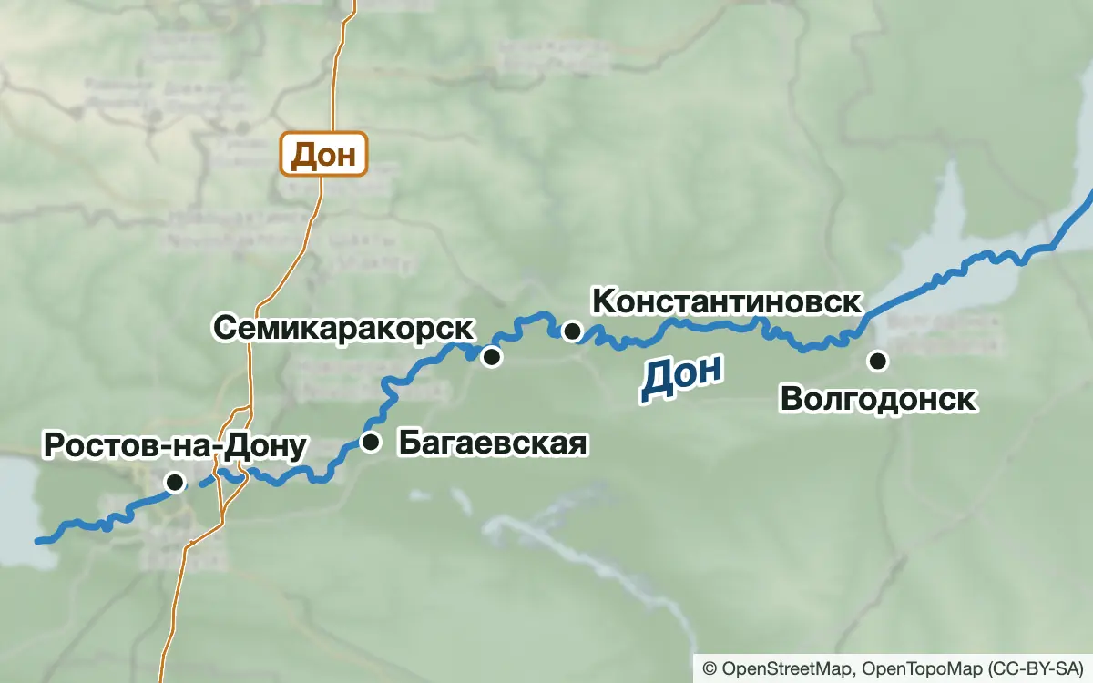 Схема: Рыбалка на Дону: от Ростова до Волгодонска — водоёмы и населённые пункты