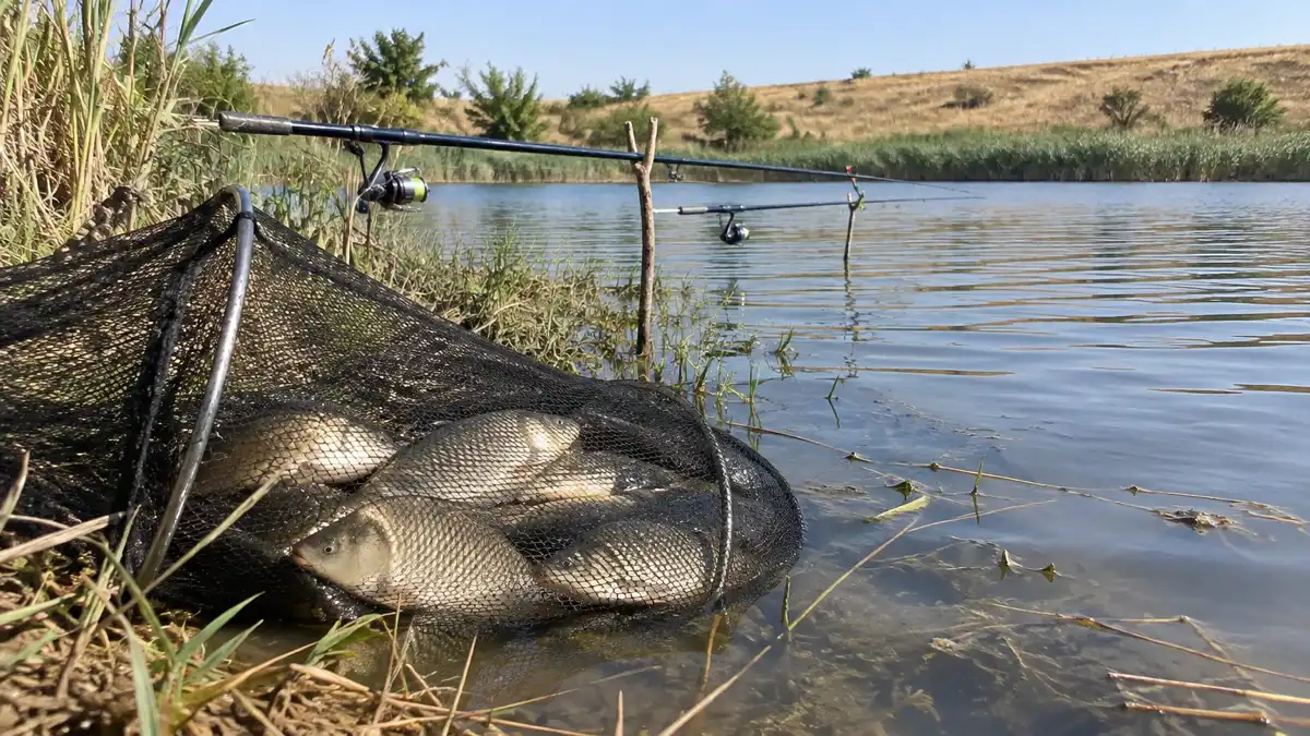 Садок с карасями в воде у травянистого берега степного пруда, две поплавочные удочки на рогульках, выгоревшая июльская степь