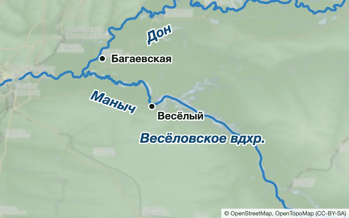 Схема: Рыбалка на Маныче и Весёловском водохранилище — водоёмы и населённые пункты