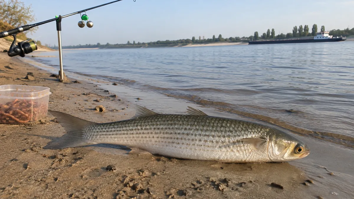 Пиленгас на мокром песке у воды широкой реки, рядом донное удилище на стойке и коробка с морским червём, летнее утро