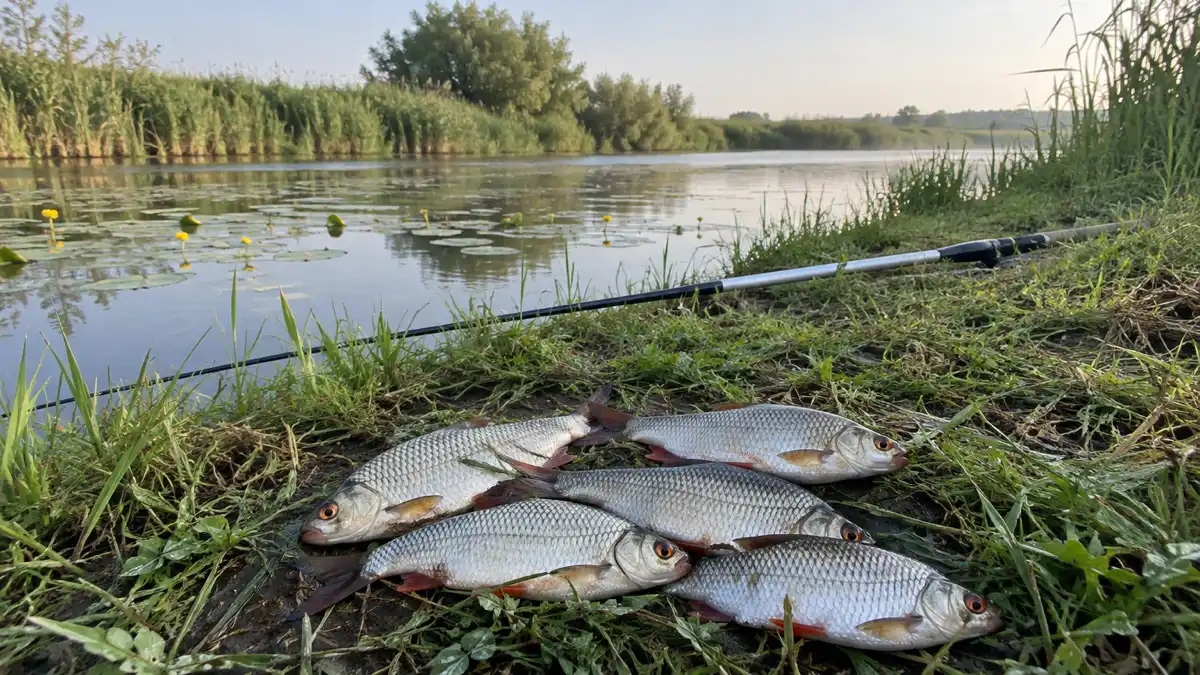 Несколько плотвиц с красноватыми глазами на траве у узкой степной речки с кувшинками, лёгкая маховая удочка, июньское утро