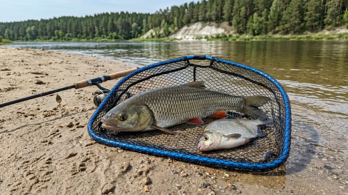 Голавль и подлещик в подсаке на песчаной косе лесной реки, спиннинг на песке, сосны и меловой склон на другом берегу