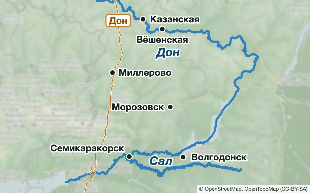 Схема: Рыбалка на верхнем Дону и реке Сал — водоёмы и населённые пункты