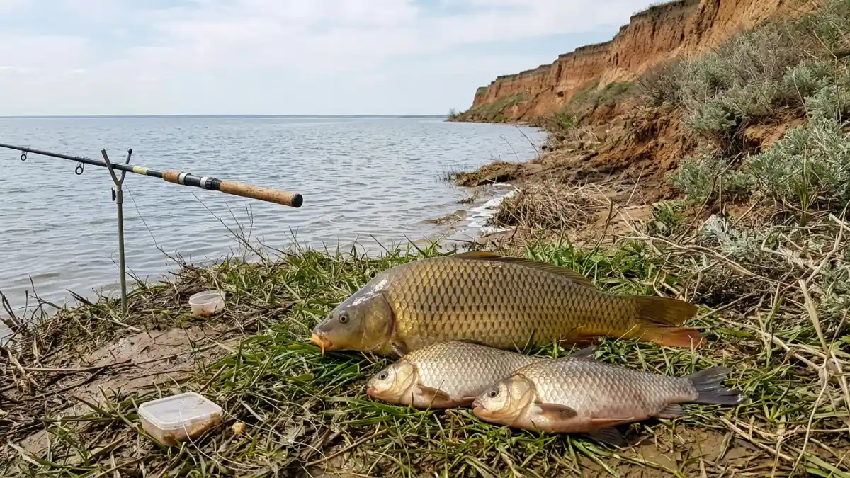 Сазан и два карася на траве у воды широкого залива, донная удочка, обрывистый глинистый берег степного водохранилища