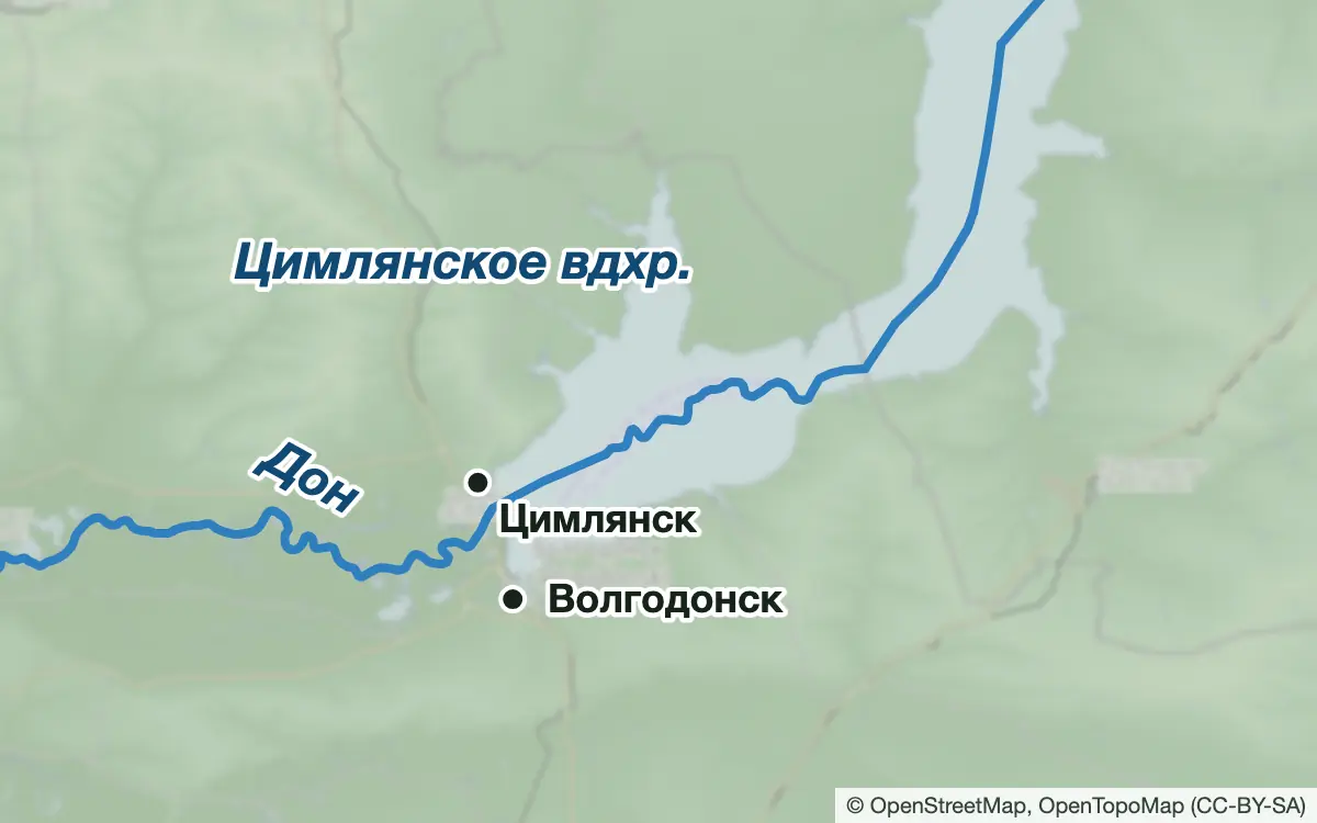 Схема: Рыбалка на Цимлянском водохранилище: Волгодонск и Цимлянск — водоёмы и населённые пункты