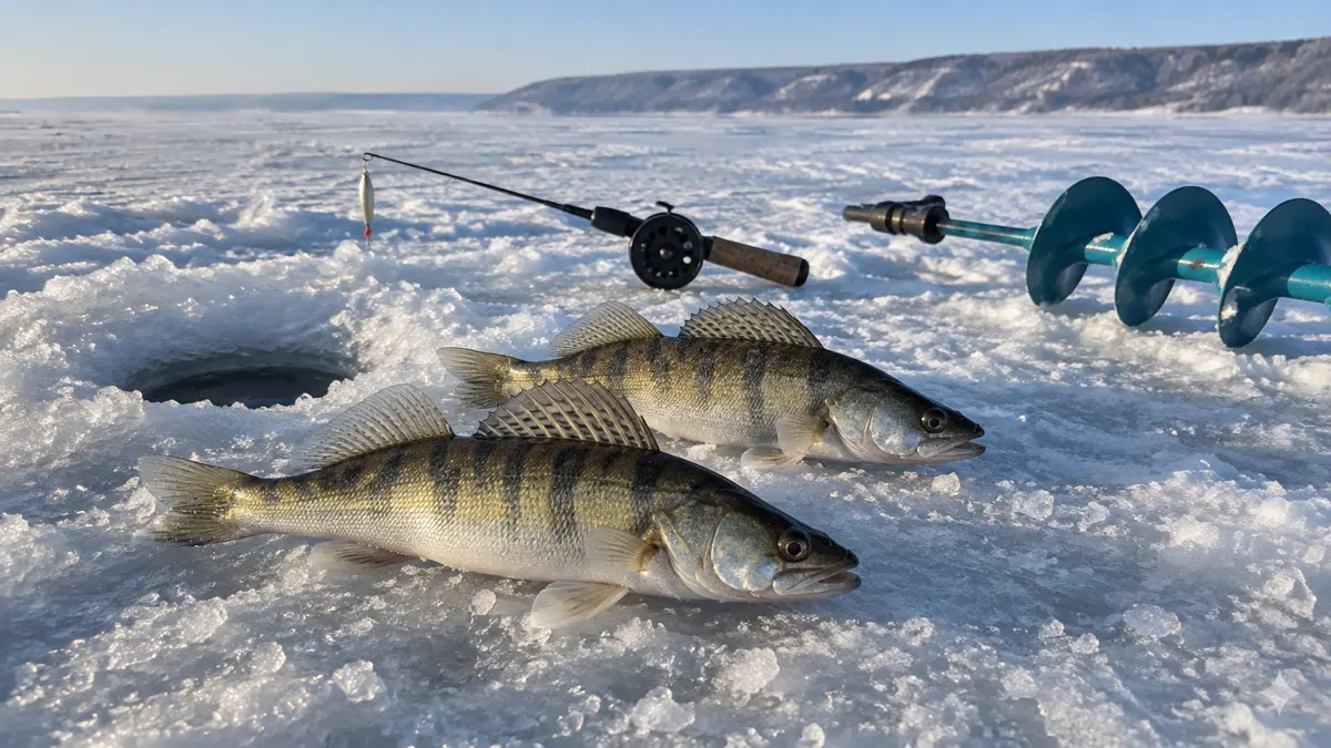 Два берша на льду у лунки, рядом зимняя удочка с блесной, морозное солнечное утро на водохранилище