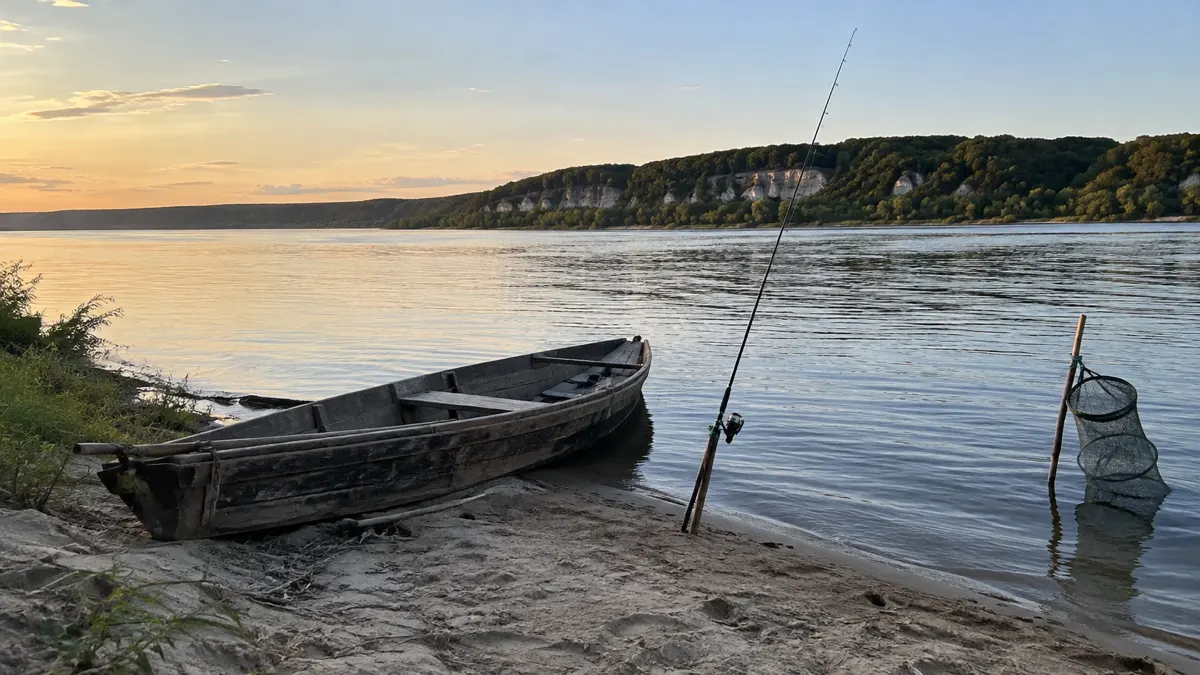Деревянная лодка на песчаной отмели Волги и удочка у воды, на дальнем берегу лесистые холмы