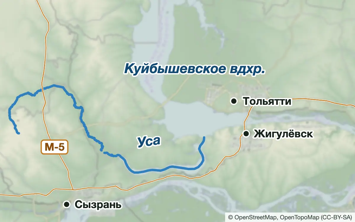 Схема: Рыбалка на Куйбышевском водохранилище и Усе у Тольятти — водоёмы и населённые пункты