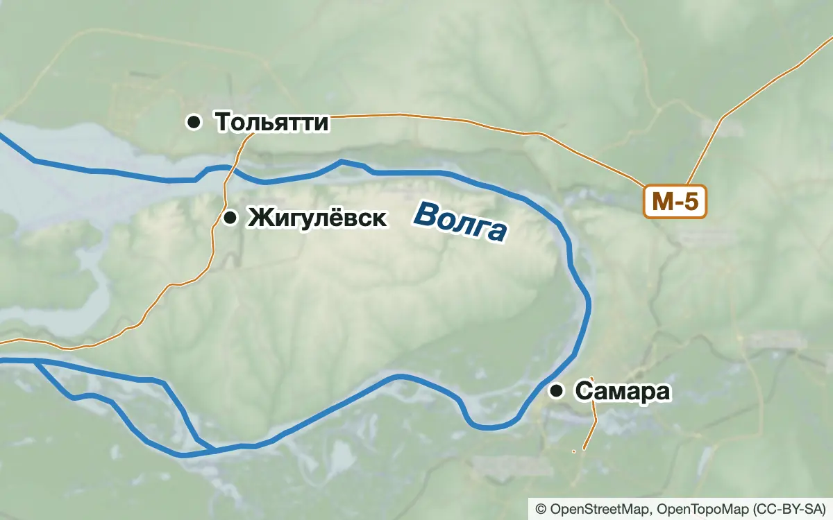 Схема: Рыбалка на Волге от Жигулёвской ГЭС до Самары — водоёмы и населённые пункты