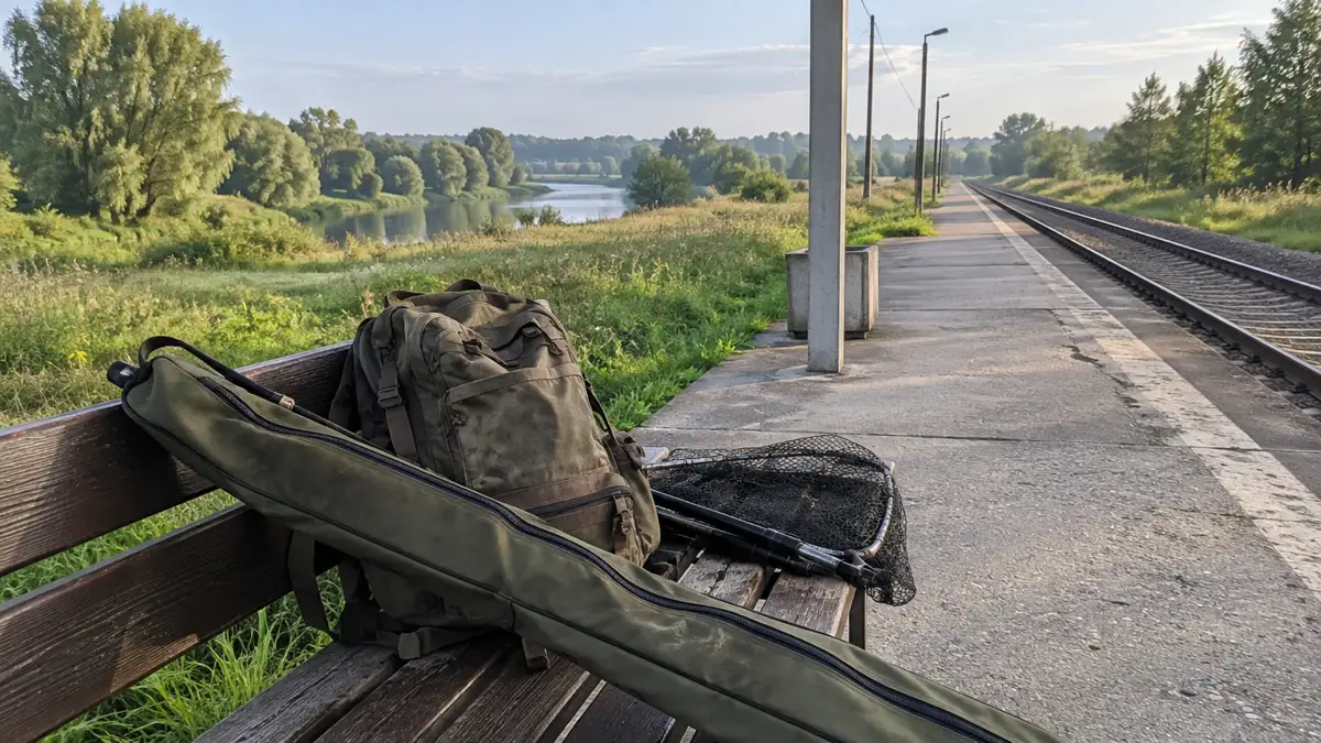 Чехол с удочками и рюкзак на скамейке пустой пригородной платформы летним утром