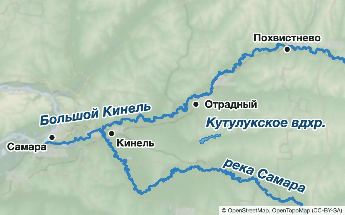 Схема: Рыбалка на реке Самаре, Большом Кинеле и Кутулукском водохранилище — водоёмы и населённые пункты
