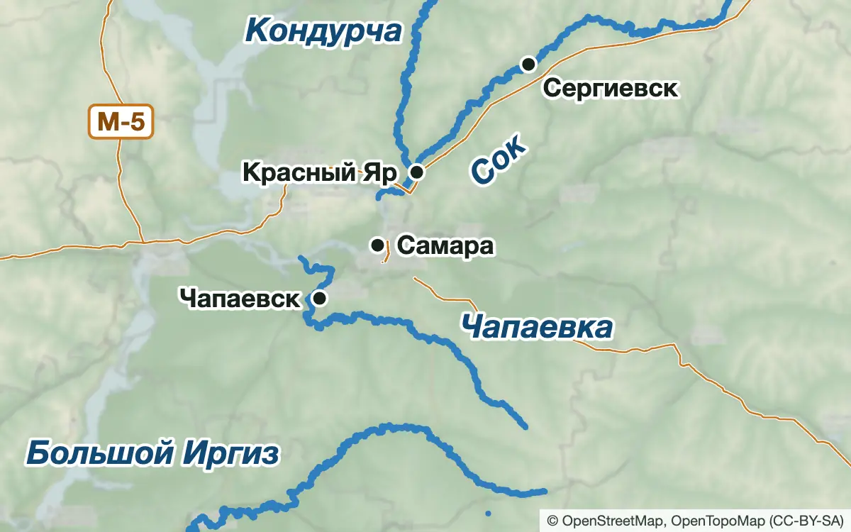 Схема: Рыбалка на Соке, Кондурче, Чапаевке и Большом Иргизе — водоёмы и населённые пункты